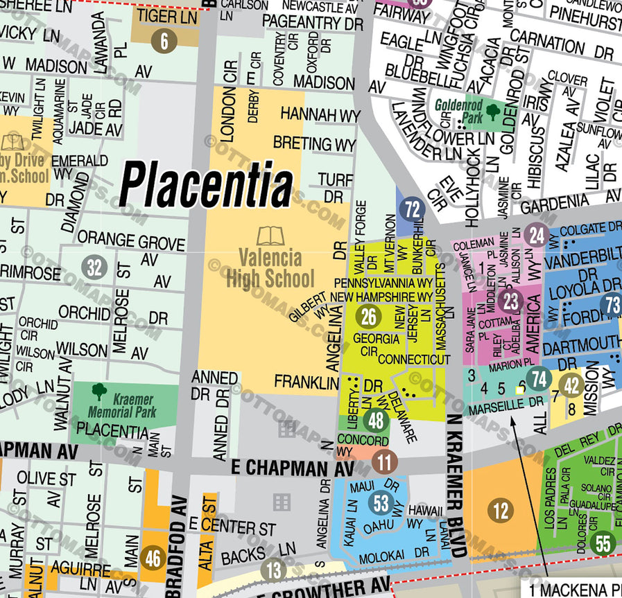 Placentia Map, Orange County, CA - FILES - PDF and AI, editable, vector, royalty free