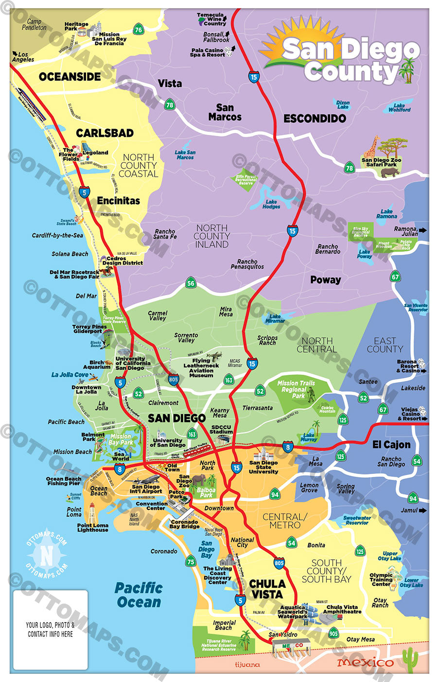 San Diego County Tourist Map - FILES - PDF and AI, editable, layered, vector, royalty free