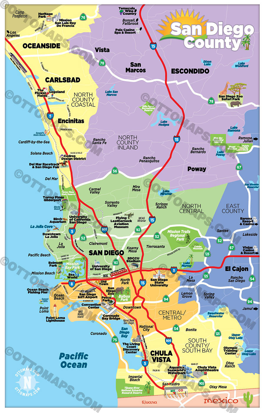 San Diego County Tourist Map - FILES - PDF and AI, editable, layered, vector, royalty free