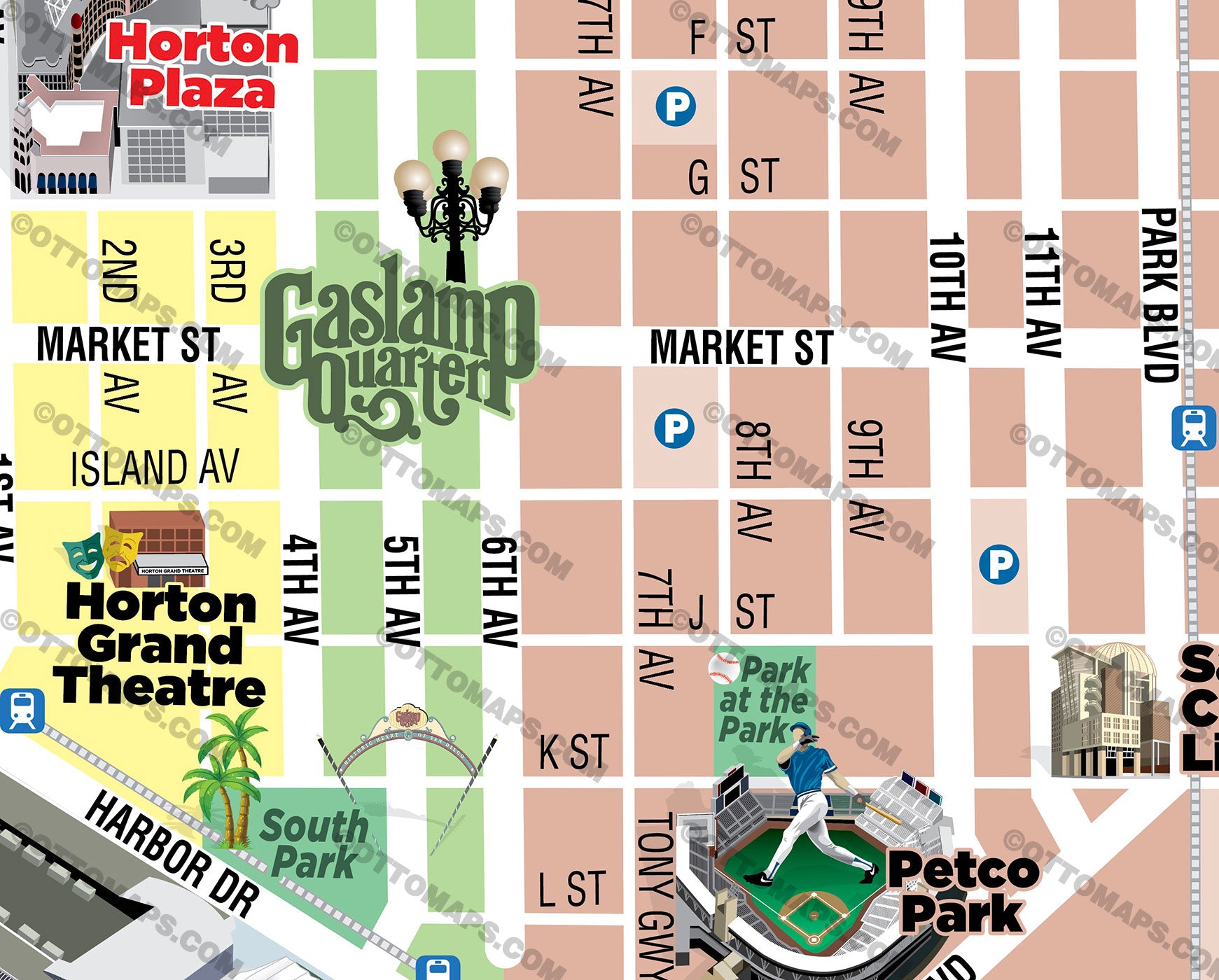 Downtown San Diego Tourist Map with Balboa Park Map - FILES - PDF and AI, editable, layered, vector, royalty free