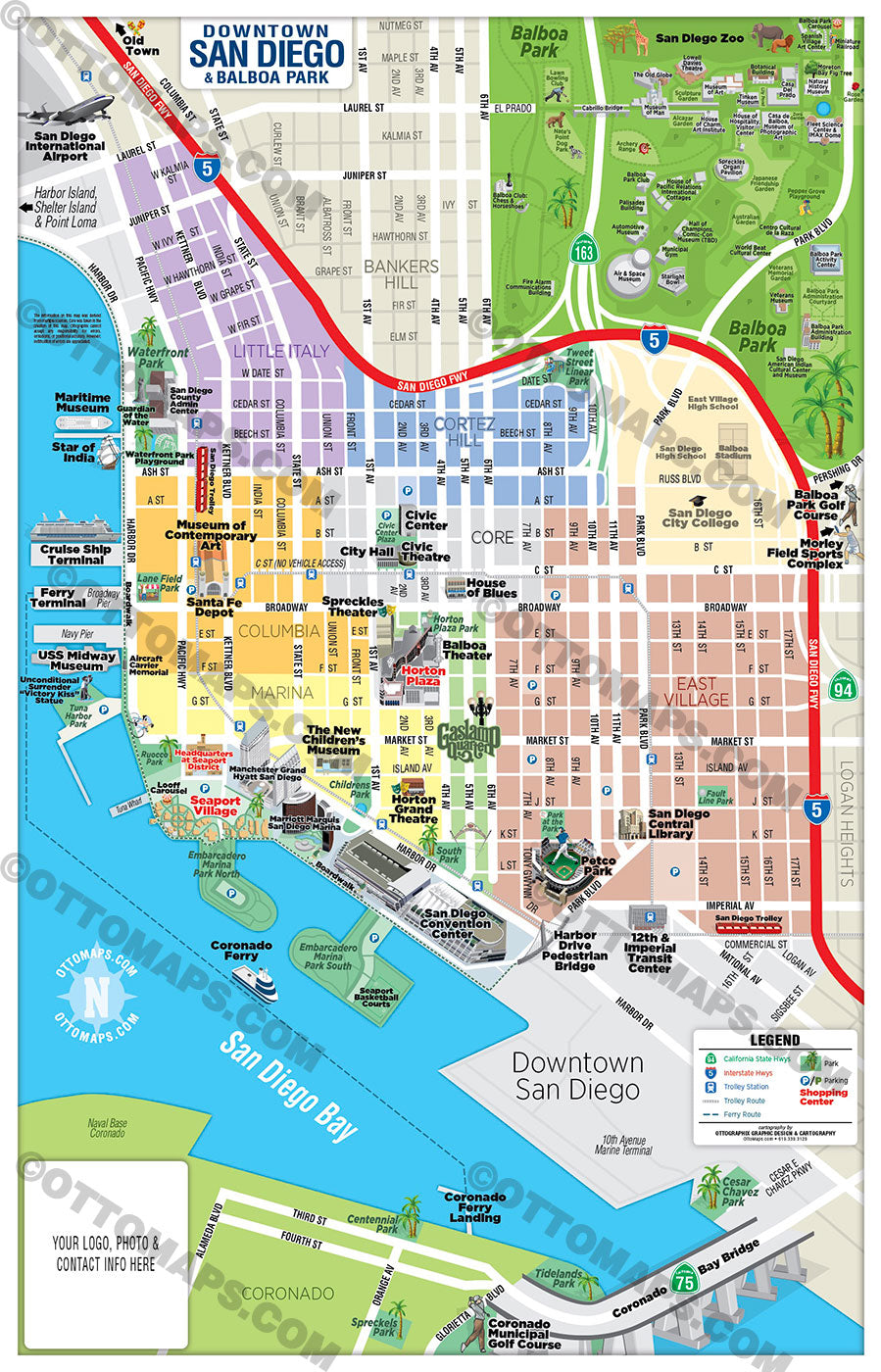 Downtown San Diego Tourist Map with Balboa Park Map - FILES - PDF and AI, editable, layered, vector, royalty free