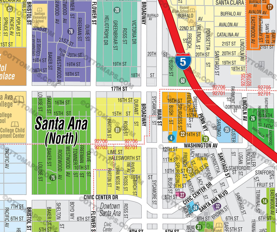 Santa Ana Map, Orange County, CA (3 Versions: Full, North & South) - FILES - PDF and AI, editable, vector, royalty free