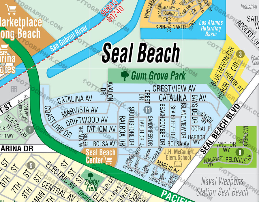 Seal Beach Map, Orange County, CA - FILES - PDF and AI, editable, vector, royalty free