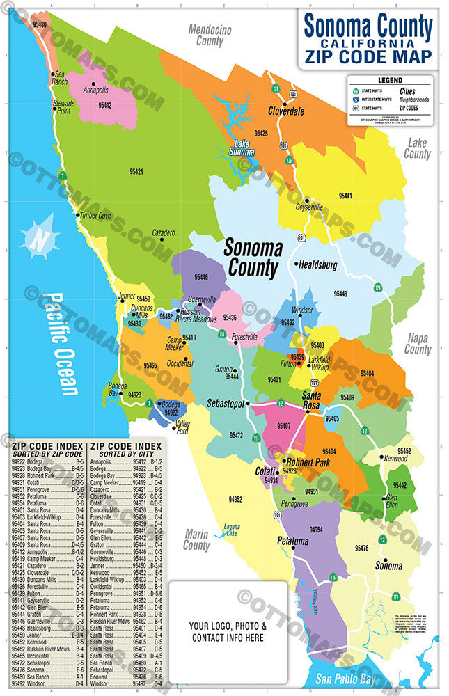 Sonoma County Zip Code Map (zip codes colorized) – Otto Maps