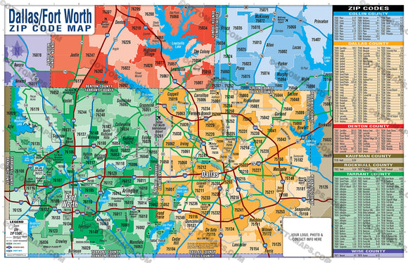Dallas Fort Worth Zip Code Map - PDF, editable, royalty free