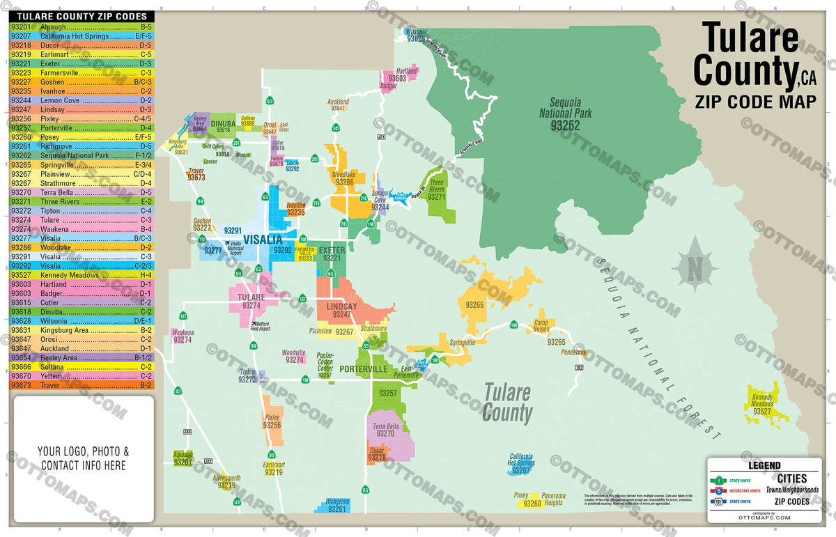 Tulare County Zip Code Map California Otto Maps