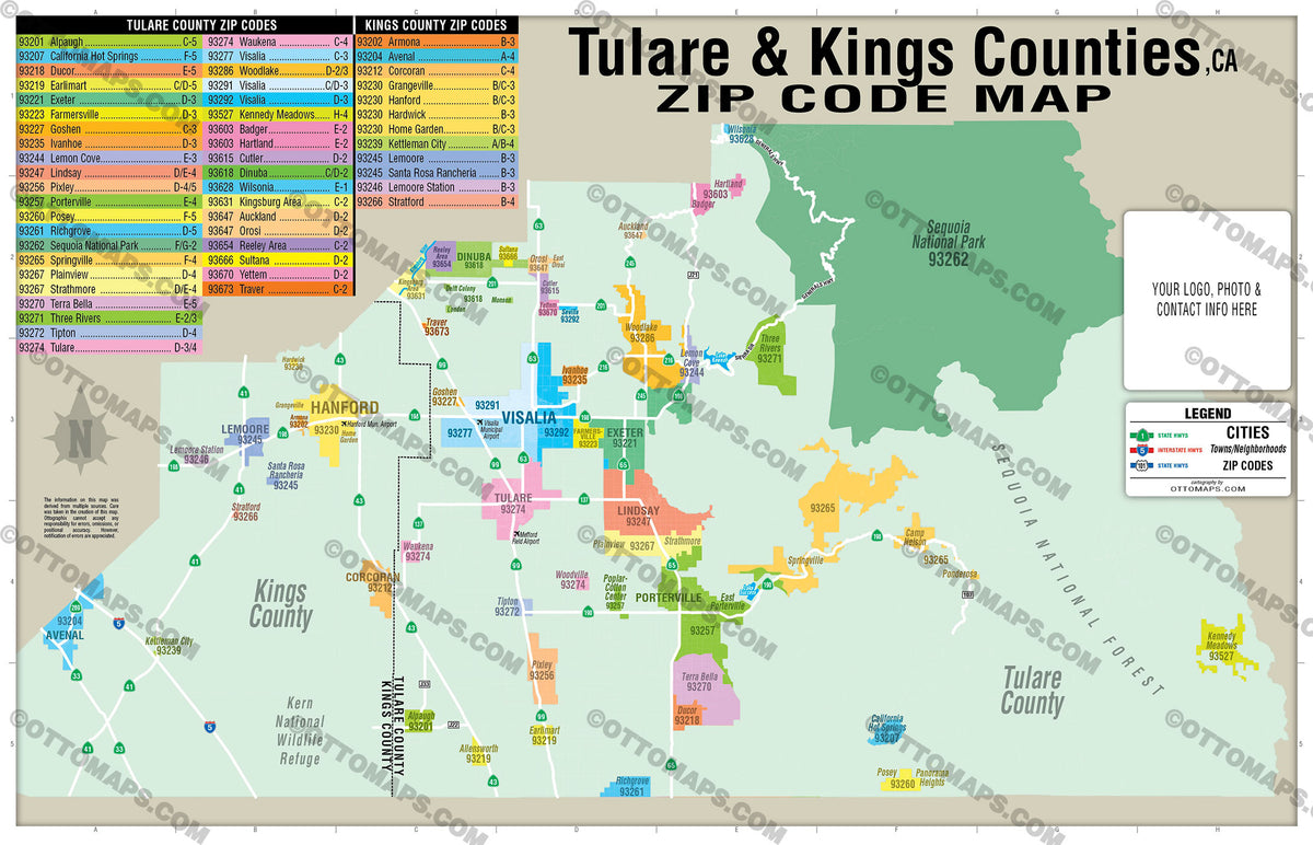 Tulare County and Kings County Zip Code Map California Otto Maps