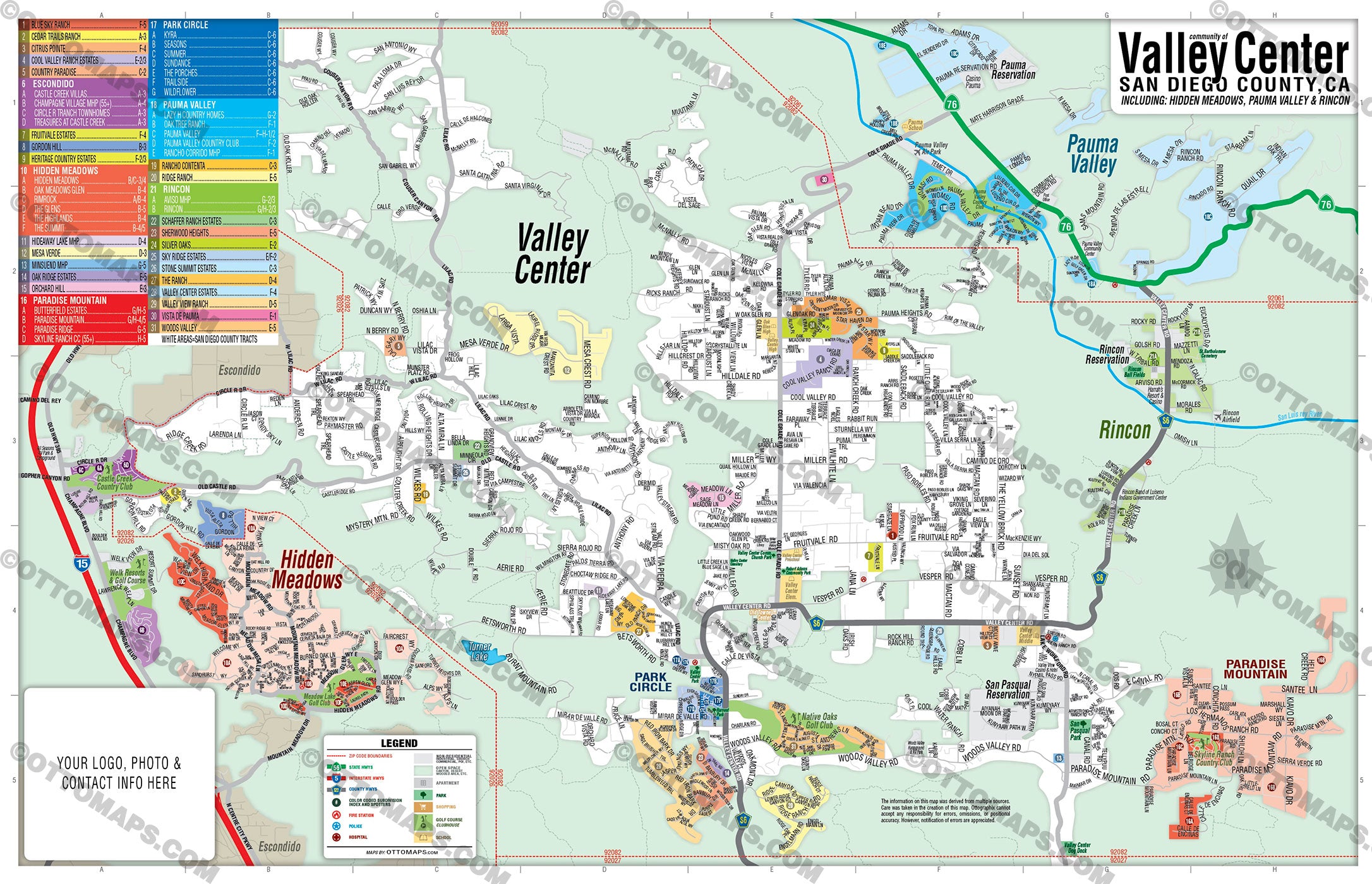 Valley Center Map with Rincon, Pauma Valley and Hidden Valley - PDF, editable, royalty free