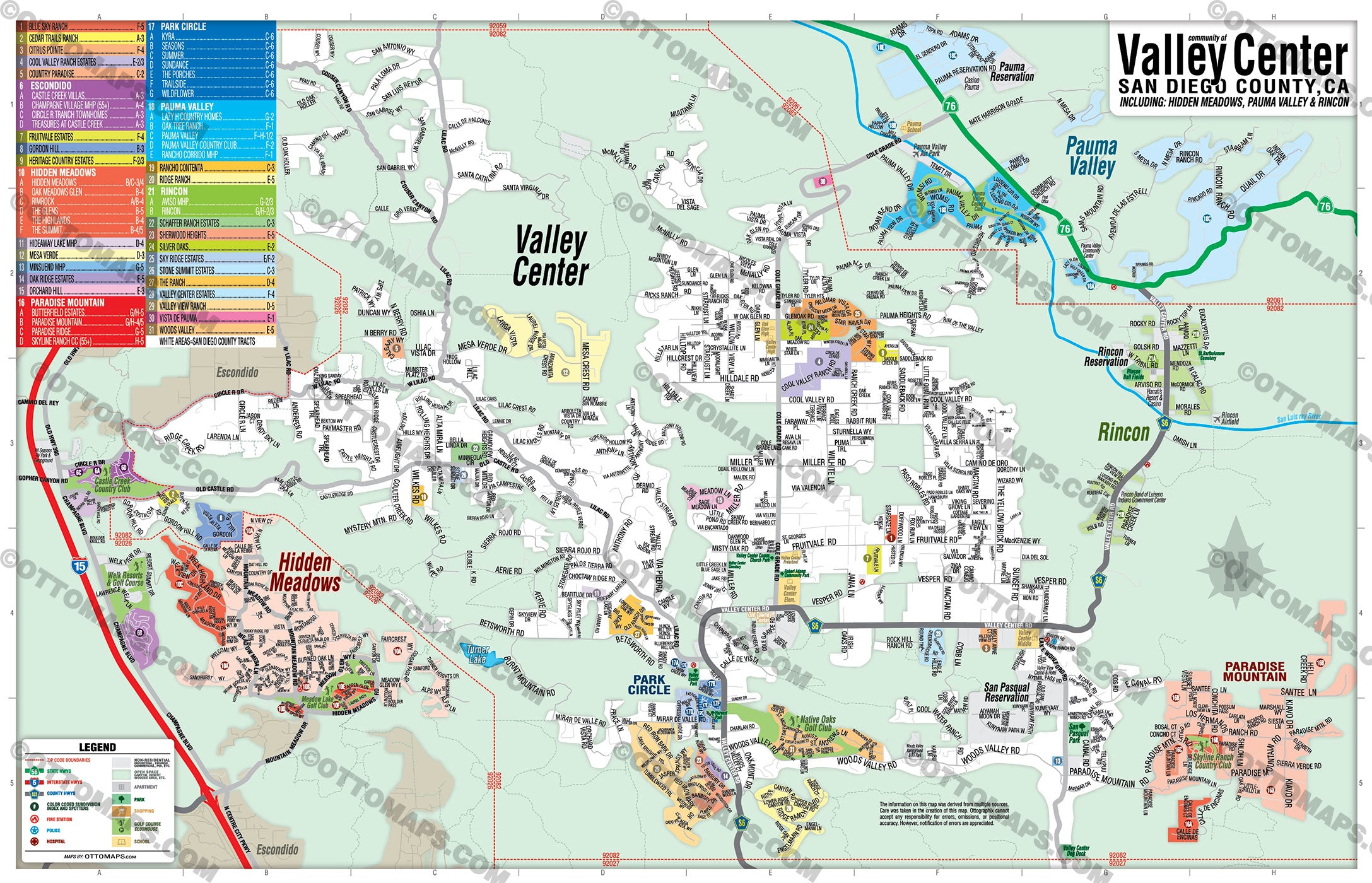 Valley Center Map with Rincon, Pauma Valley and Hidden Valley - PDF, editable, royalty free