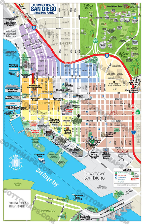 Downtown San Diego Tourist Map - PDF, editable, royalty free