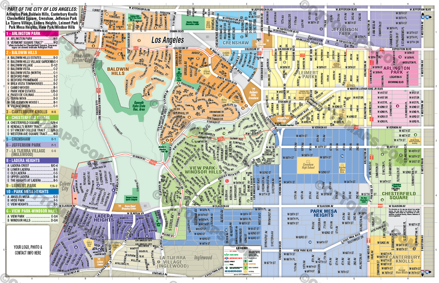 Arlington Park, Baldwin Hills, Chesterfield Square, Crenshaw, Jefferson Park, Ladera Heights, Leimert Park, Park Mesa Heights and View Park-Windsor Hills Map, Los Angeles County, CA - FILES - PDF and AI Files, editable, vector, royalty free