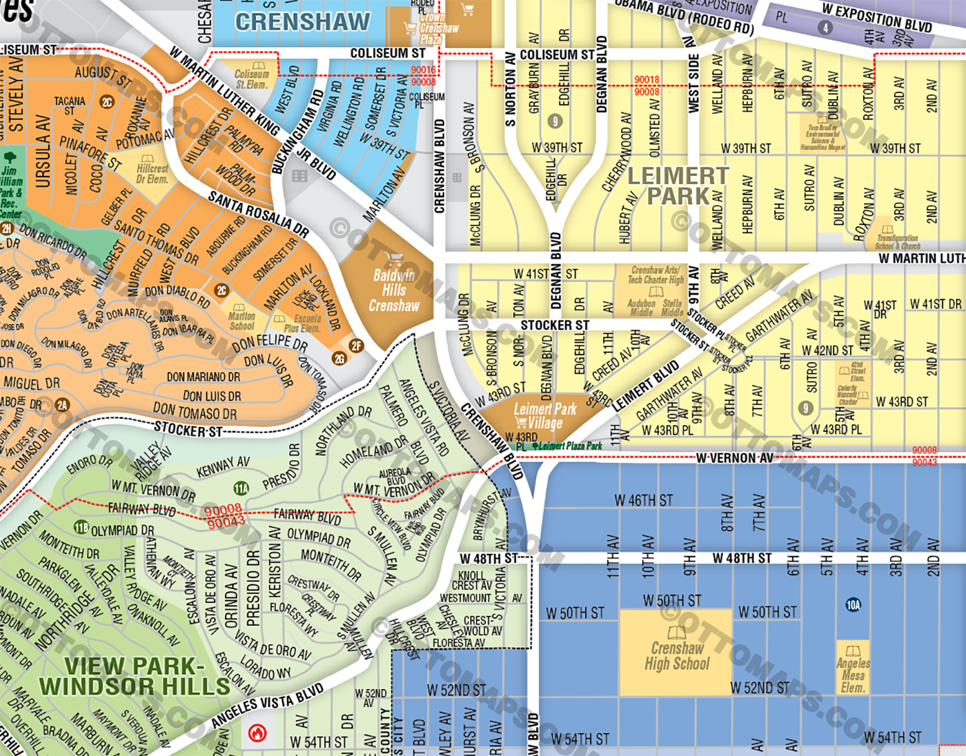 Arlington Park, Baldwin Hills, Chesterfield Square, Crenshaw, Jefferson Park, Ladera Heights, Leimert Park, Park Mesa Heights and View Park-Windsor Hills Map, Los Angeles County, CA - FILES - PDF and AI Files, editable, vector, royalty free