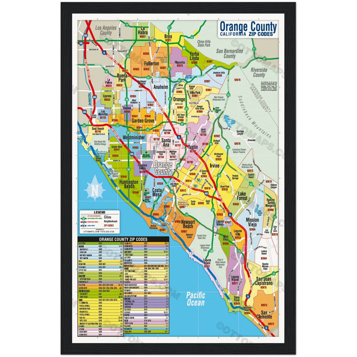 Orange County Zip Code Map Cities Colorized Poster Prints Otto Maps