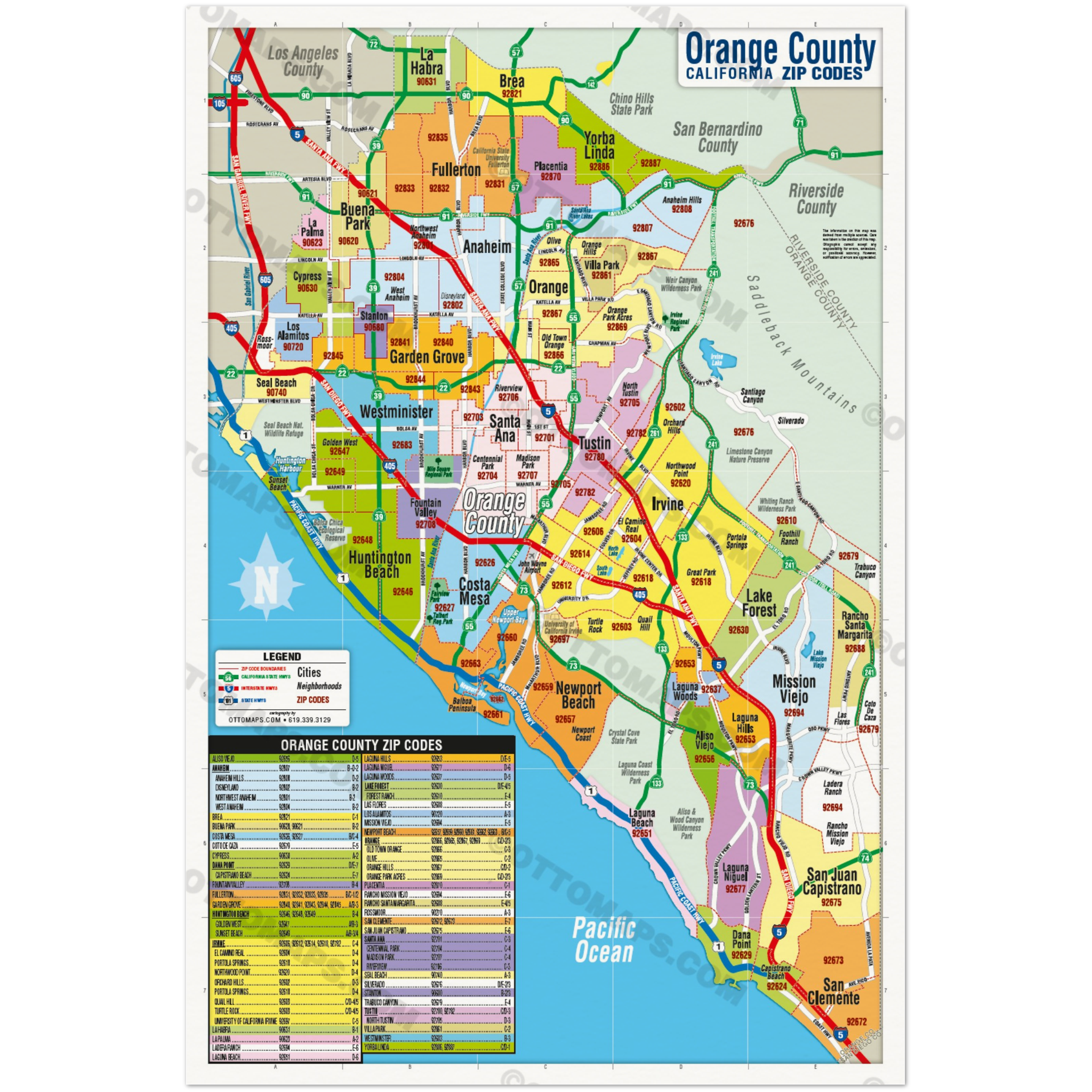 Orange County Zip Code Map - Cities colorized - POSTER PRINTS