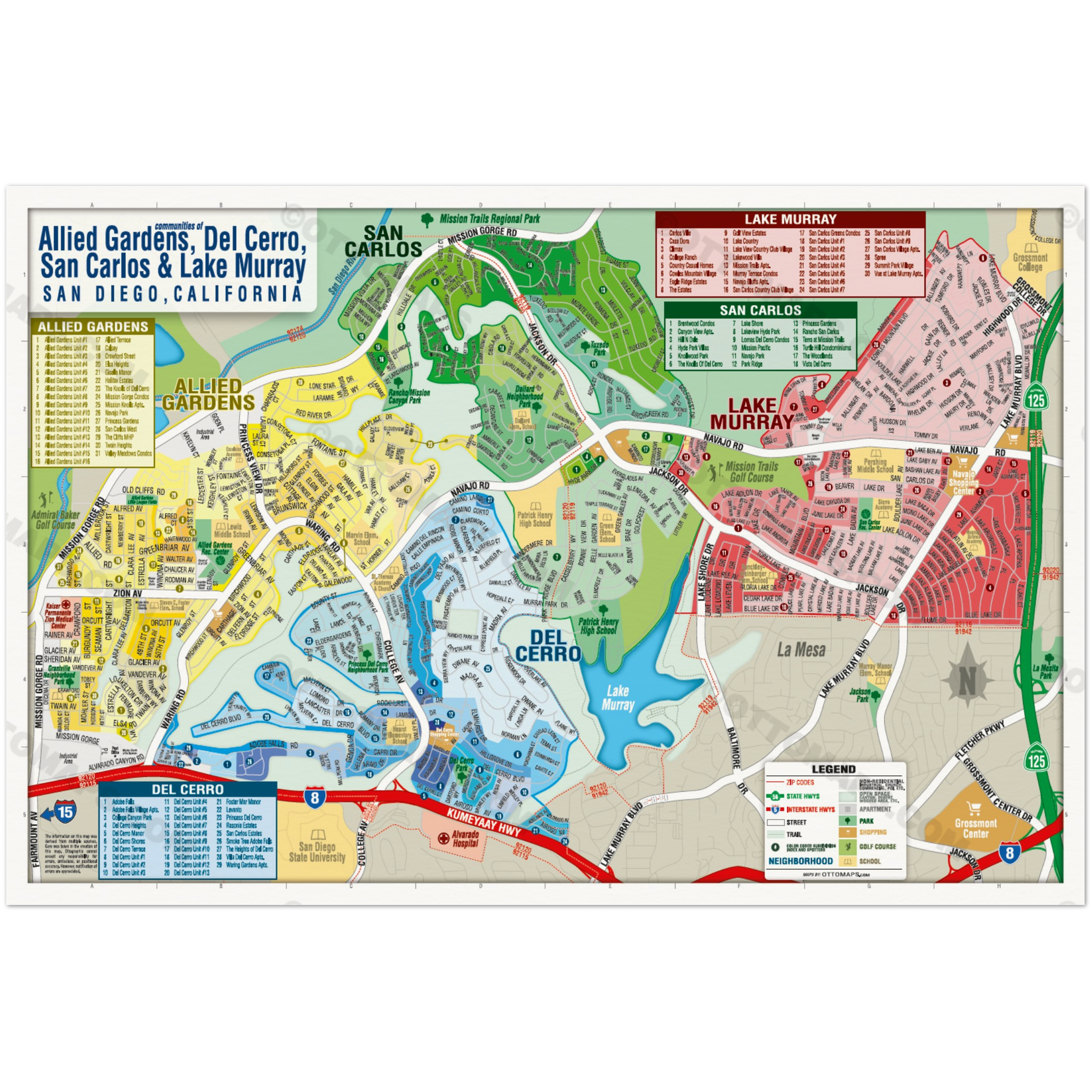 Allied Gardens, Del Cerro, San Carlos & Lake Murray Map, San Diego County, CA - POSTER PRINTS