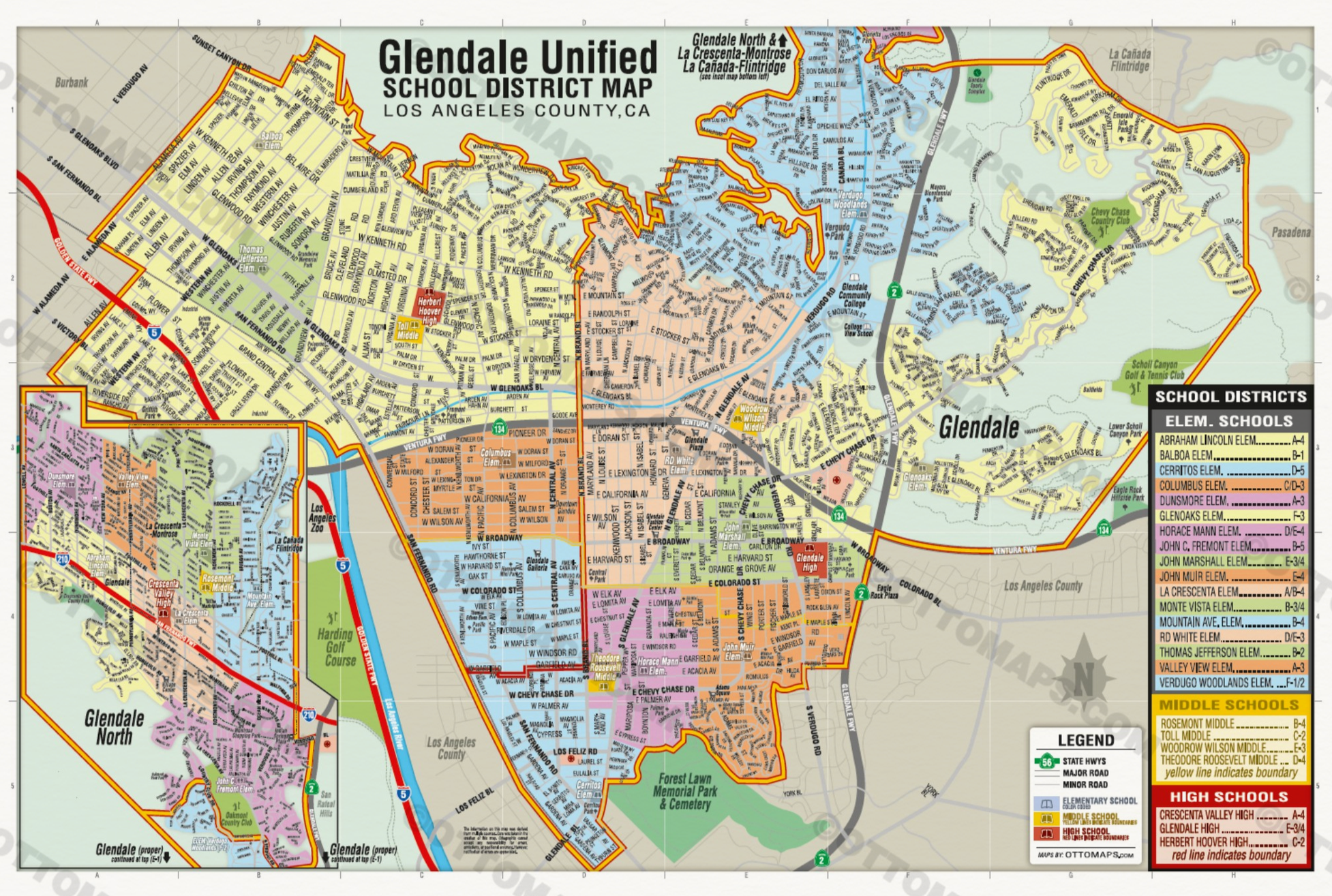 Glendale Unified School District Map - Los Angeles County, CA - POSTER PRINTS