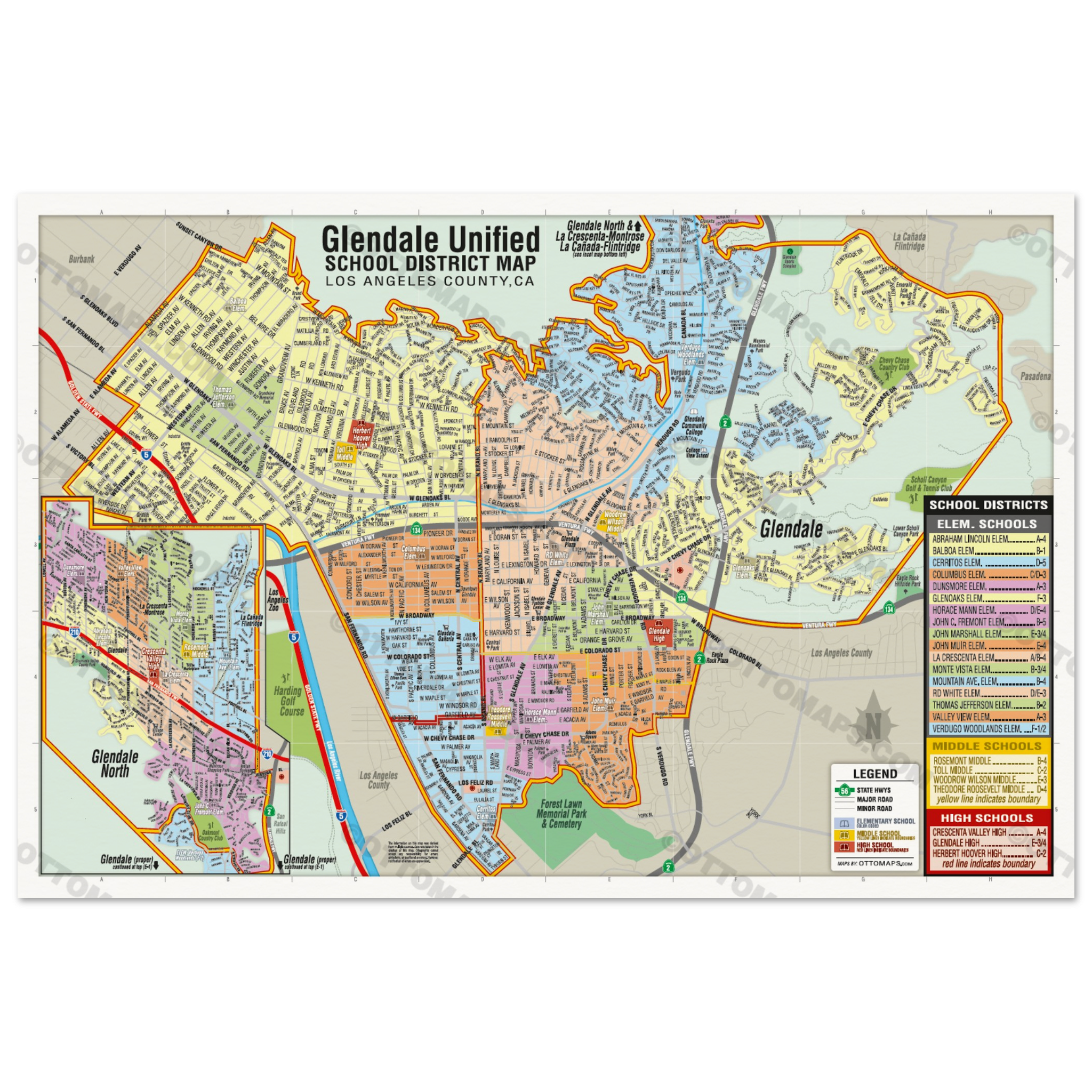 Glendale Unified School District Map - Los Angeles County, CA - POSTER PRINTS