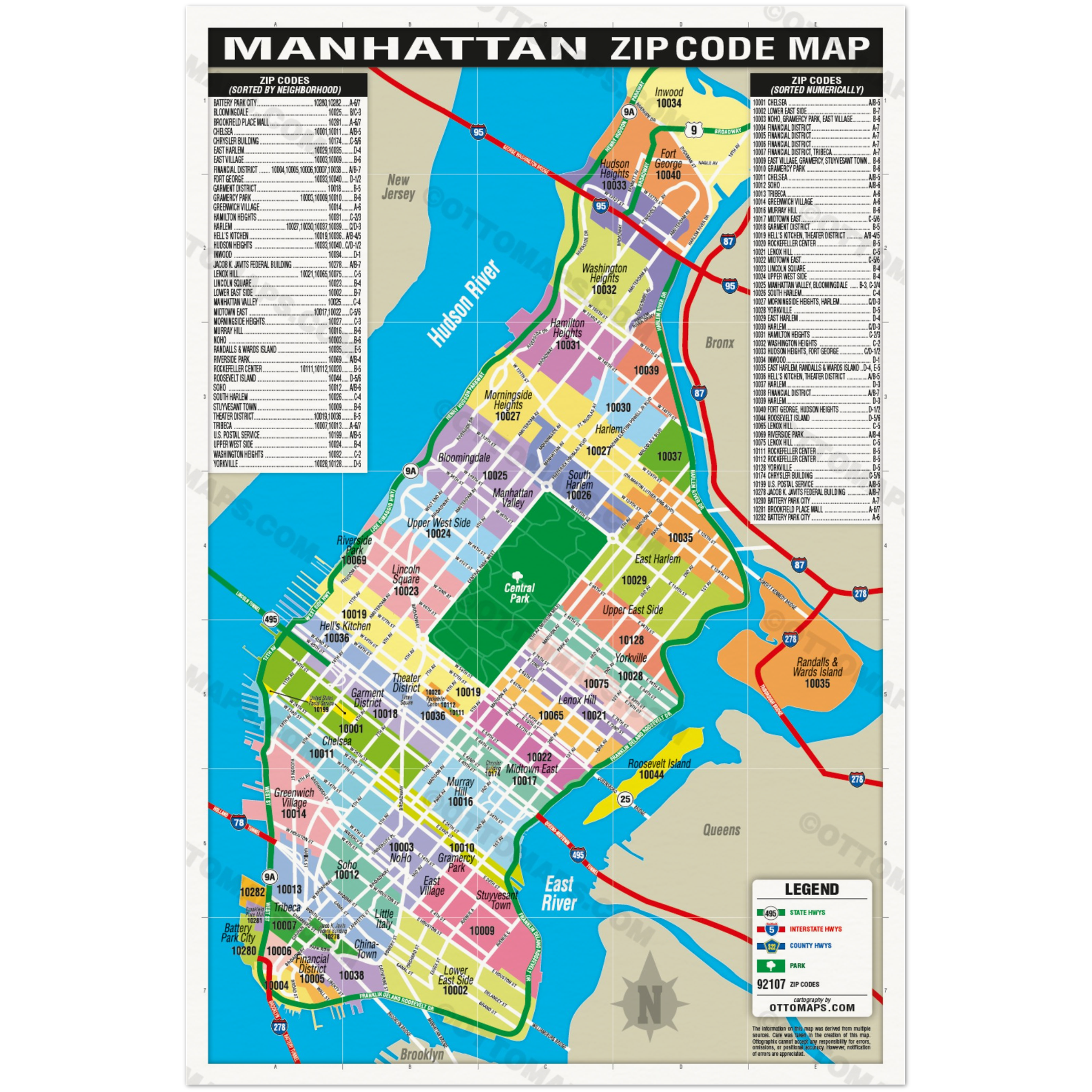 Manhattan Zip Code Map (Zip Codes colorized) - POSTER PRINTS