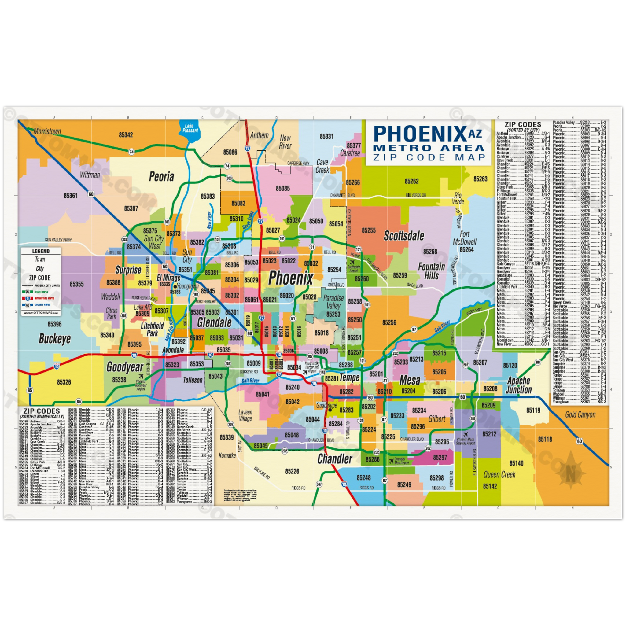 Phoenix Metro Area Zip Code Map - Zip Codes Colored - POSTER PRINTS