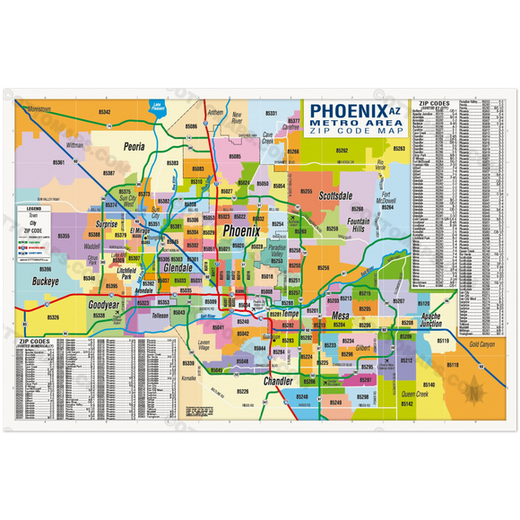 Phoenix Metro Area Zip Code Map - Zip Codes Colored - POSTER PRINTS ...