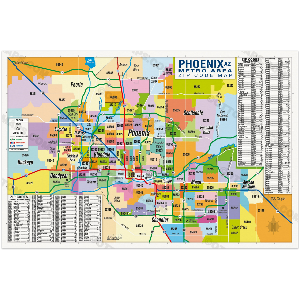 Phoenix Zip Code Phoenix Metro Area Zip Code Map - Zip Codes Colored - POSTER PRINTS ...