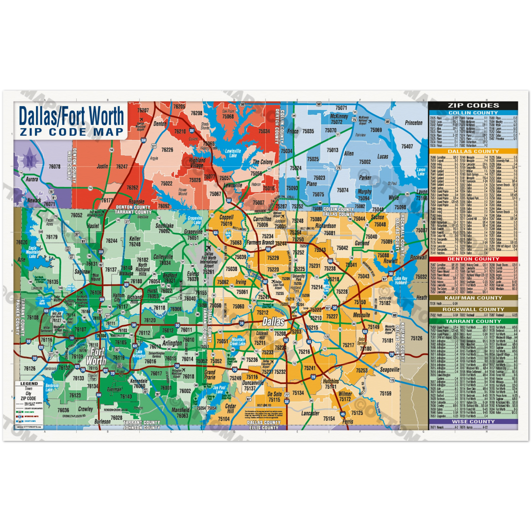 Dallas Fort Worth Zip Code Map - Counties Colorized - POSTER PRINTS