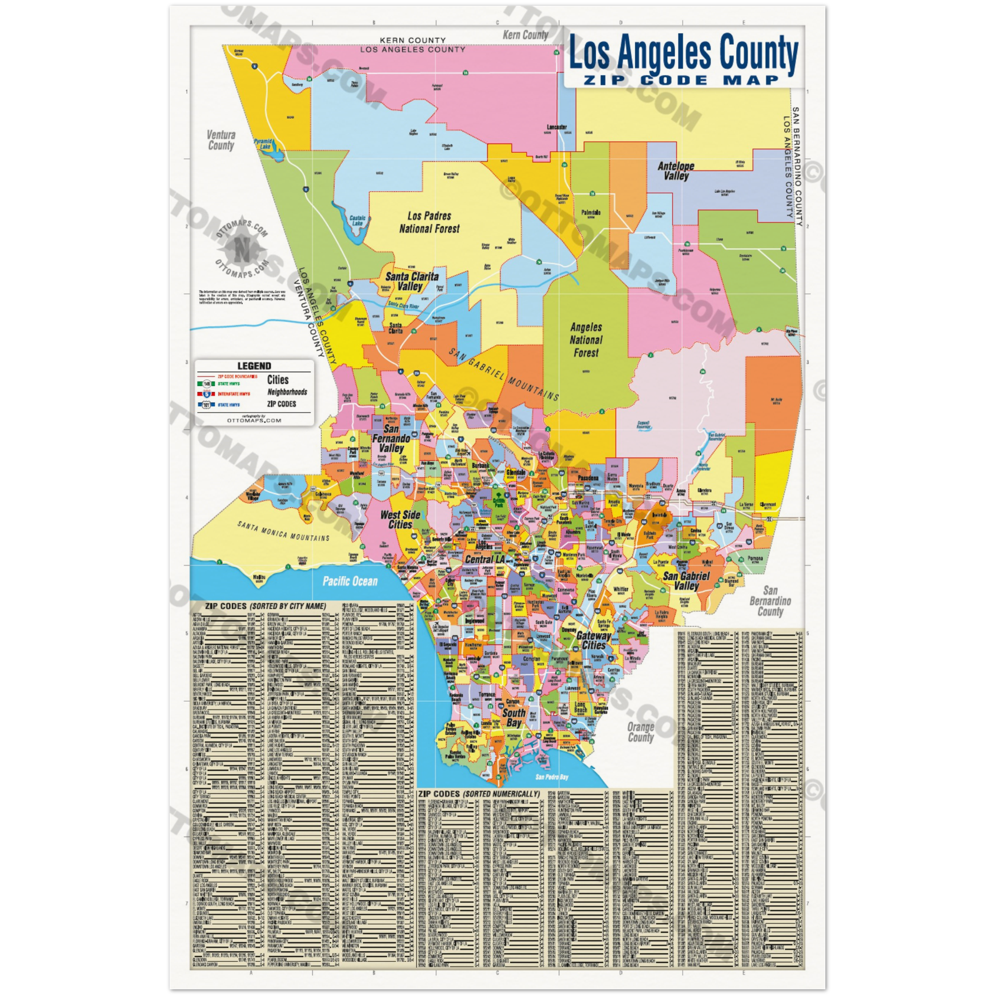 Los Angeles Zip Code Map - FULL (Zip Codes Colored) - POSTER PRINTS