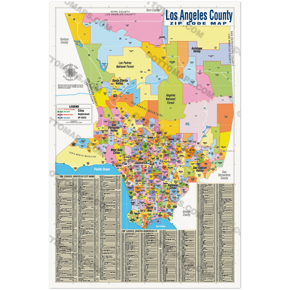 Los Angeles County Zip Code Map - FULL (Zip Codes Colored) - POSTER PRINTS