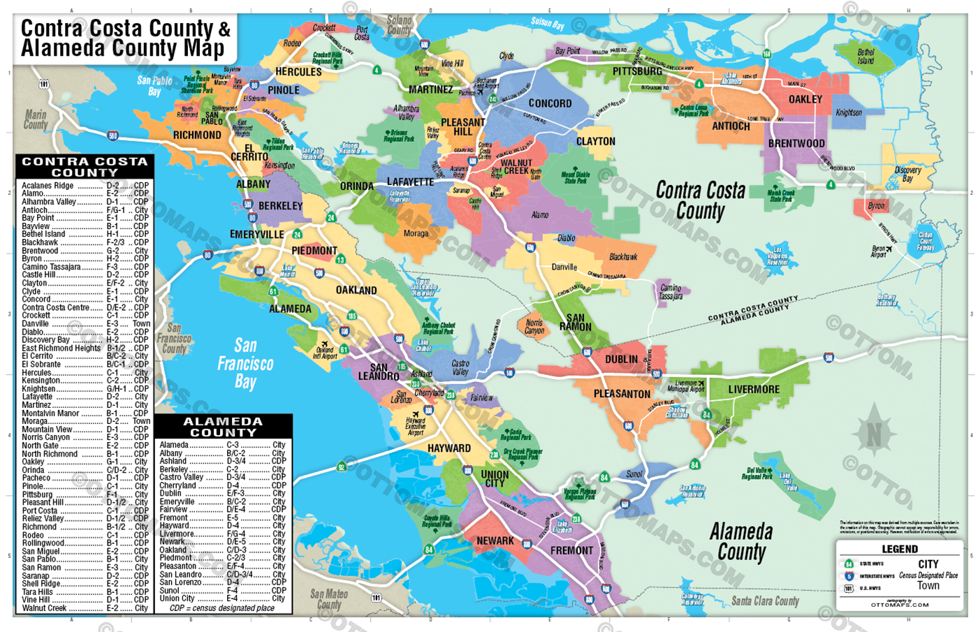 Alameda County and Contra Costa County Map (no zip codes) - FILES - PDF and Adobe Illustrator - no box