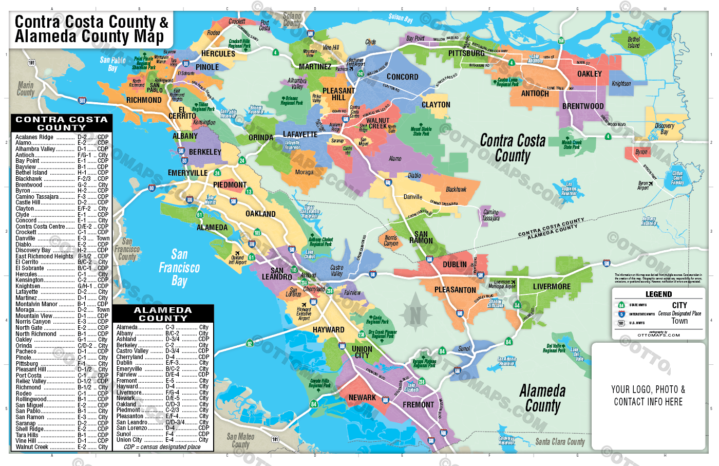 Alameda County and Contra Costa County Map (no zip codes) - FILES - PDF and Adobe Illustrator - with box