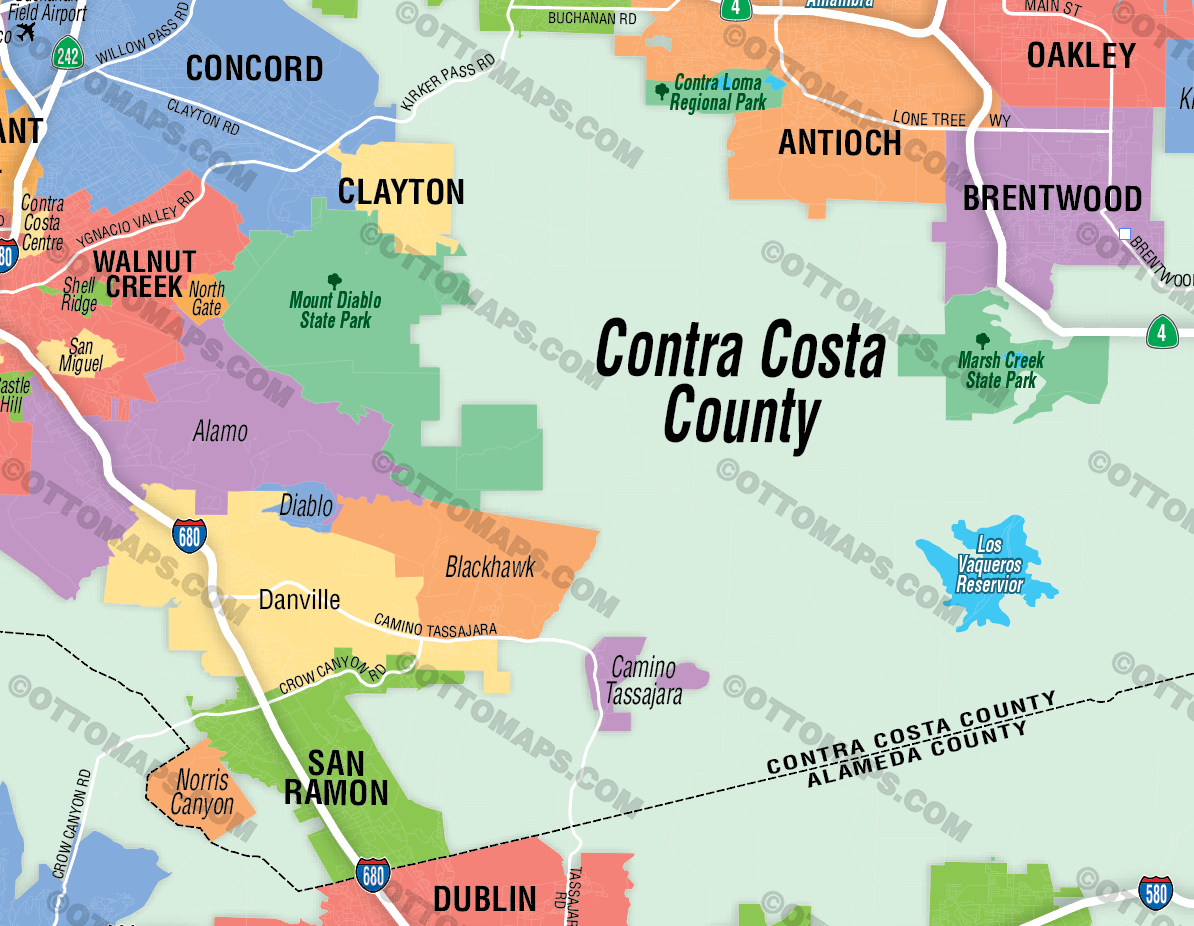Alameda County and Contra Costa County Map (no zip codes) - FILES - PDF and Adobe Illustrator - zoom