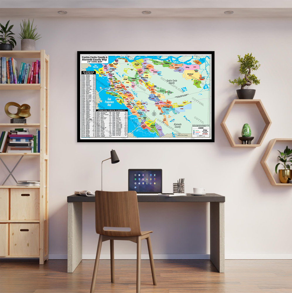 Alameda County and Contra Costa County Zip Code Map - POSTER PRINTS - with frame