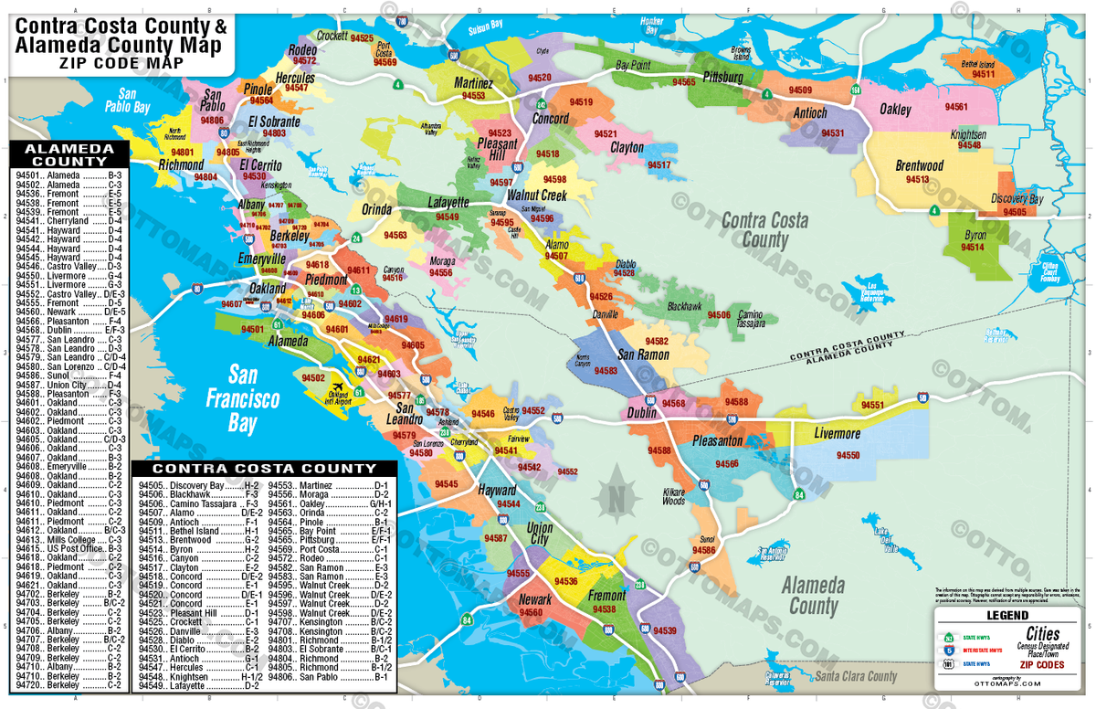 Alameda County and Contra Costa County Zip Code Map - POSTER PRINTS