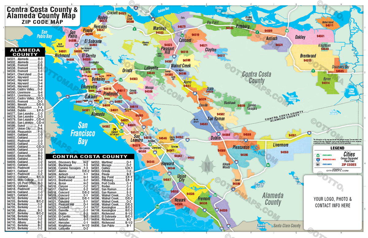 Alameda County and Contra Costa County Zip Code Map - FILES - PDF and Adobe Illustrator - with box