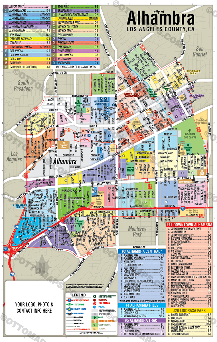 Alhambra Map, Los Angeles County, CA - FILES - PDF and AI, editable, vector, royalty free - with box