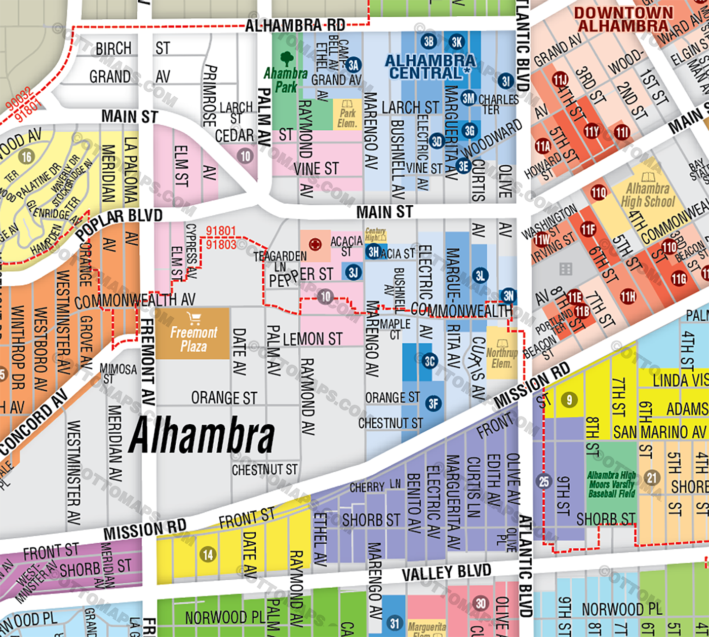 Alhambra Map, Los Angeles County, CA - FILES - PDF and AI, editable, vector, royalty free - zoom