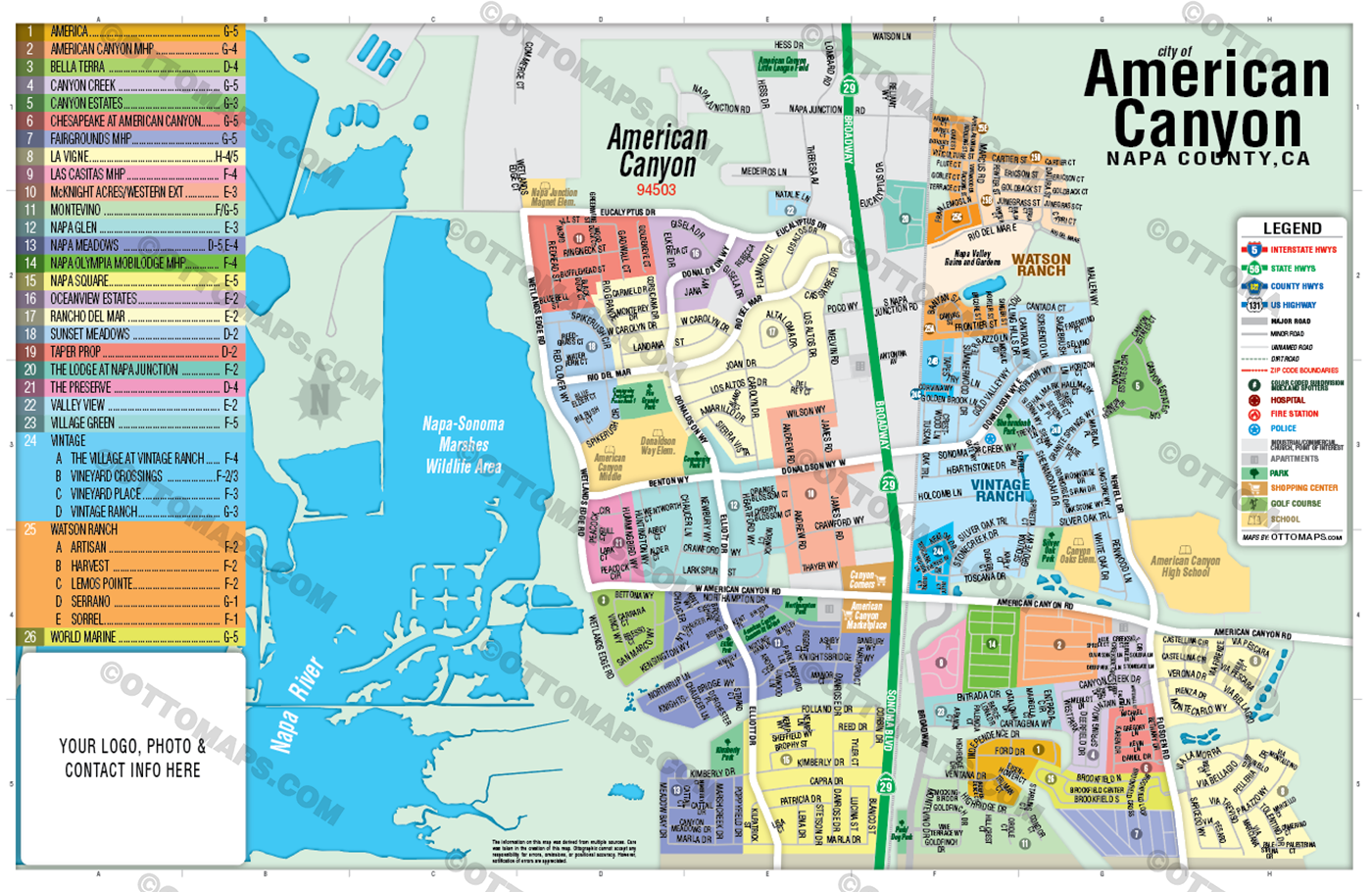 American Canyon Map, Napa County, CA - FILES - PDF and Adobe Illustrator - with box