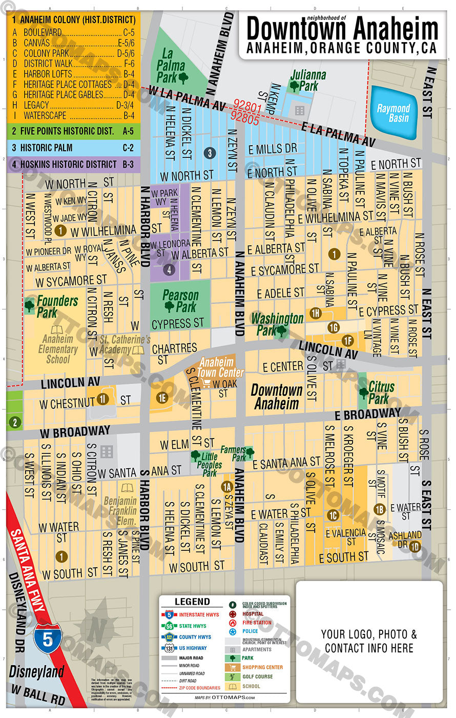 Downtown Anaheim Map, Orange County, CA - FILES - PDF and AI, editable, vector, royalty free