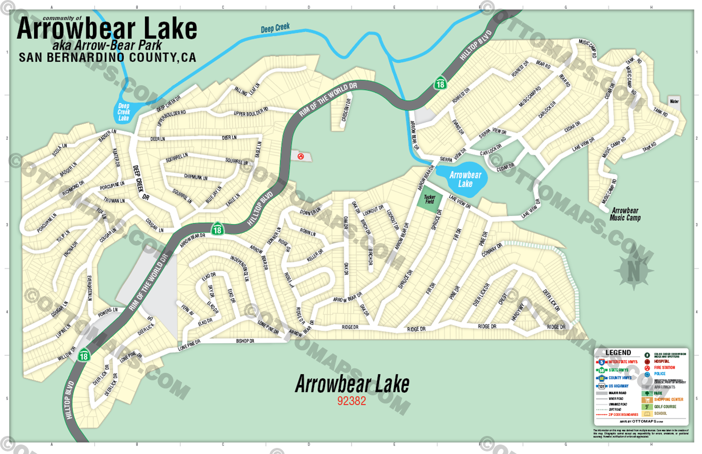 Arrowbear Lake Map, San Bernardino County, CA - FILES - PDF and AI Files, editable, vector, royalty free