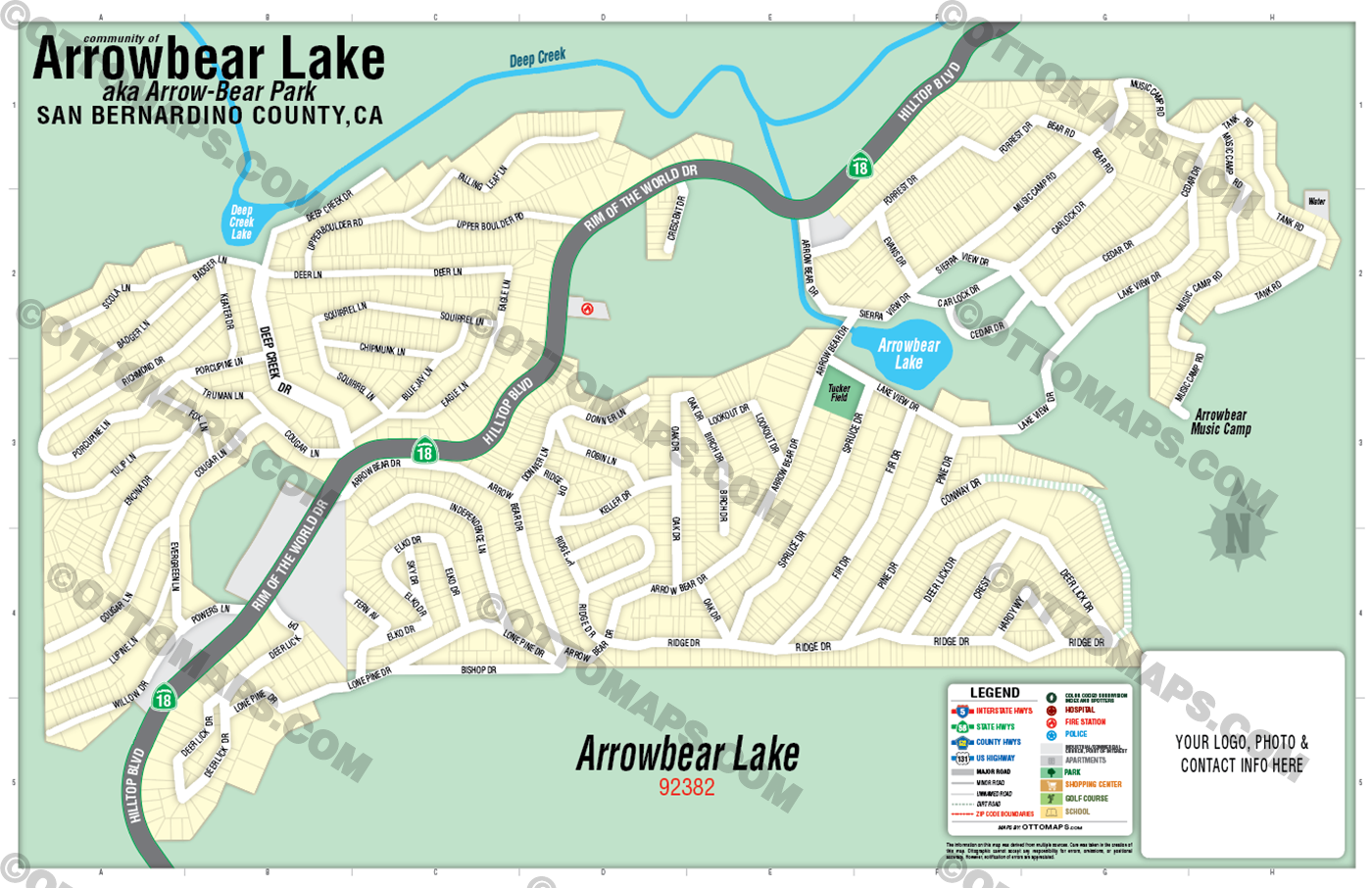 Arrowbear Lake Map, San Bernardino County, CA - FILES - PDF and AI Files, editable, vector, royalty free