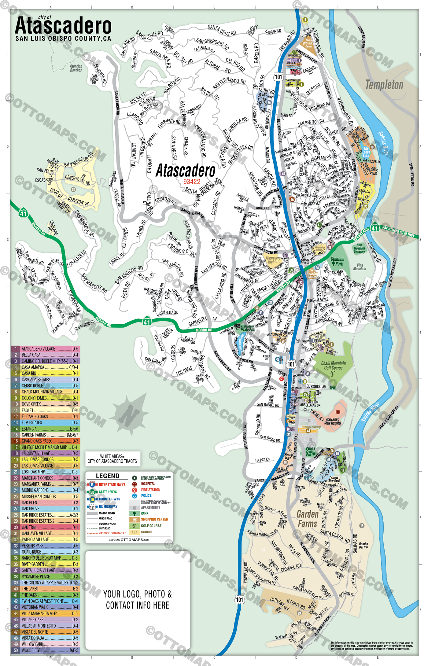 Atascadero Map, San Luis Obispo County, CA - FILES - PDF and AI, editable, vector, royalty free