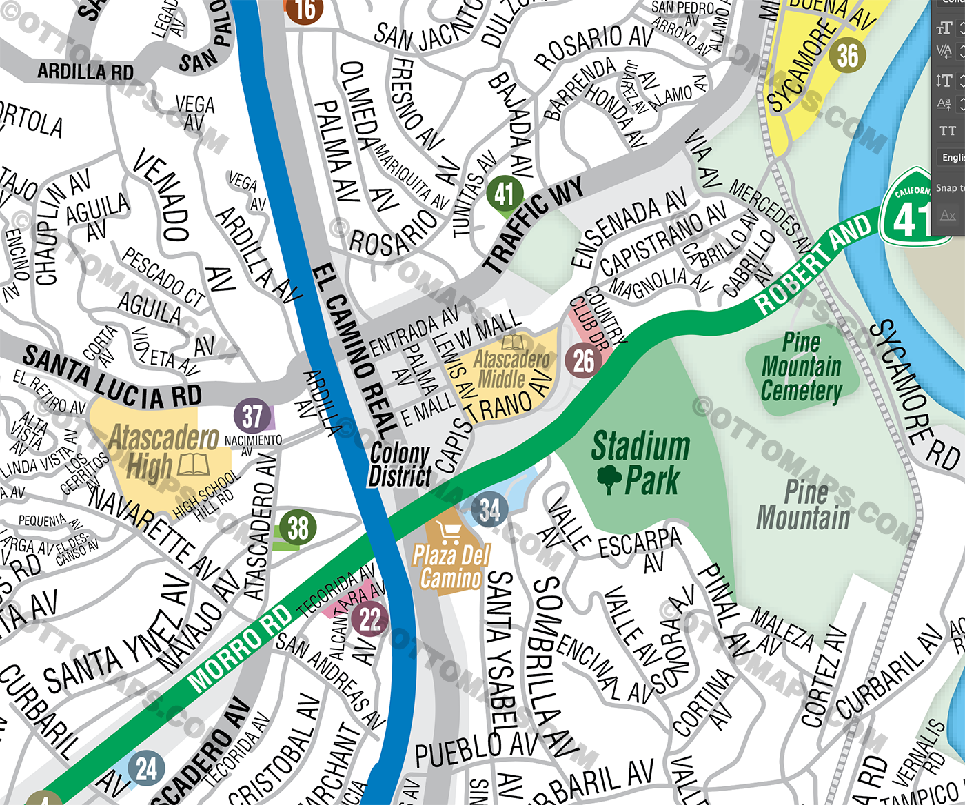 Atascadero Map, San Luis Obispo County - PDF, editable, royalty free