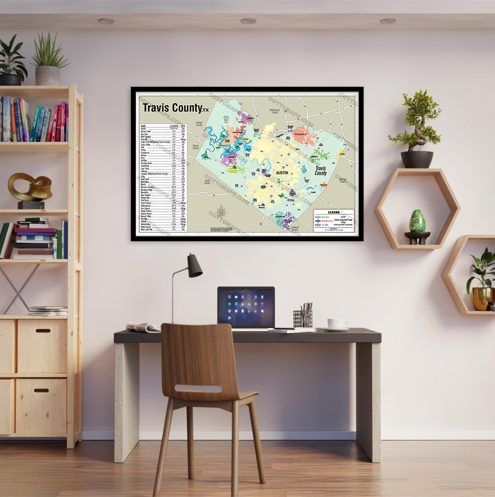 Austin, TX - Travis County Map (no zip codes) - POSTER PRINTS - with frame