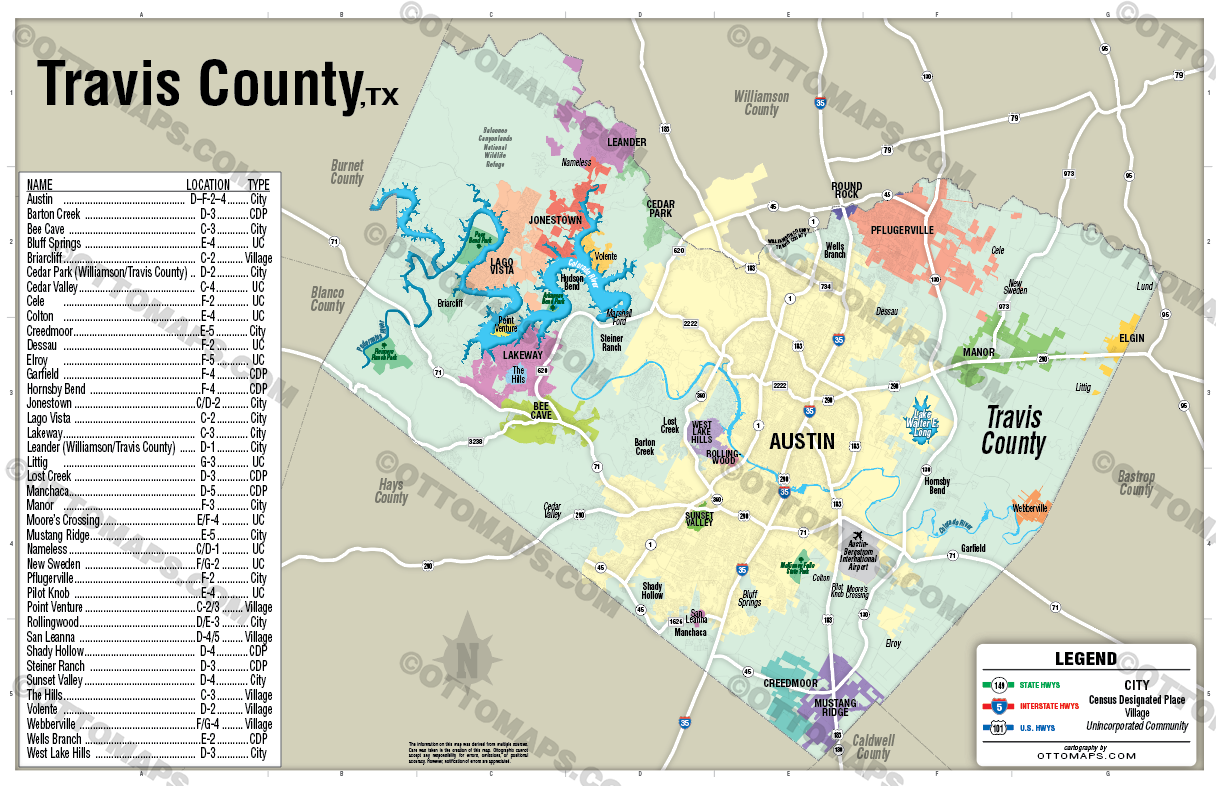 Austin, TX - Travis County Map (no zip codes) - FILES - PDF and Adobe Illustrator - no box