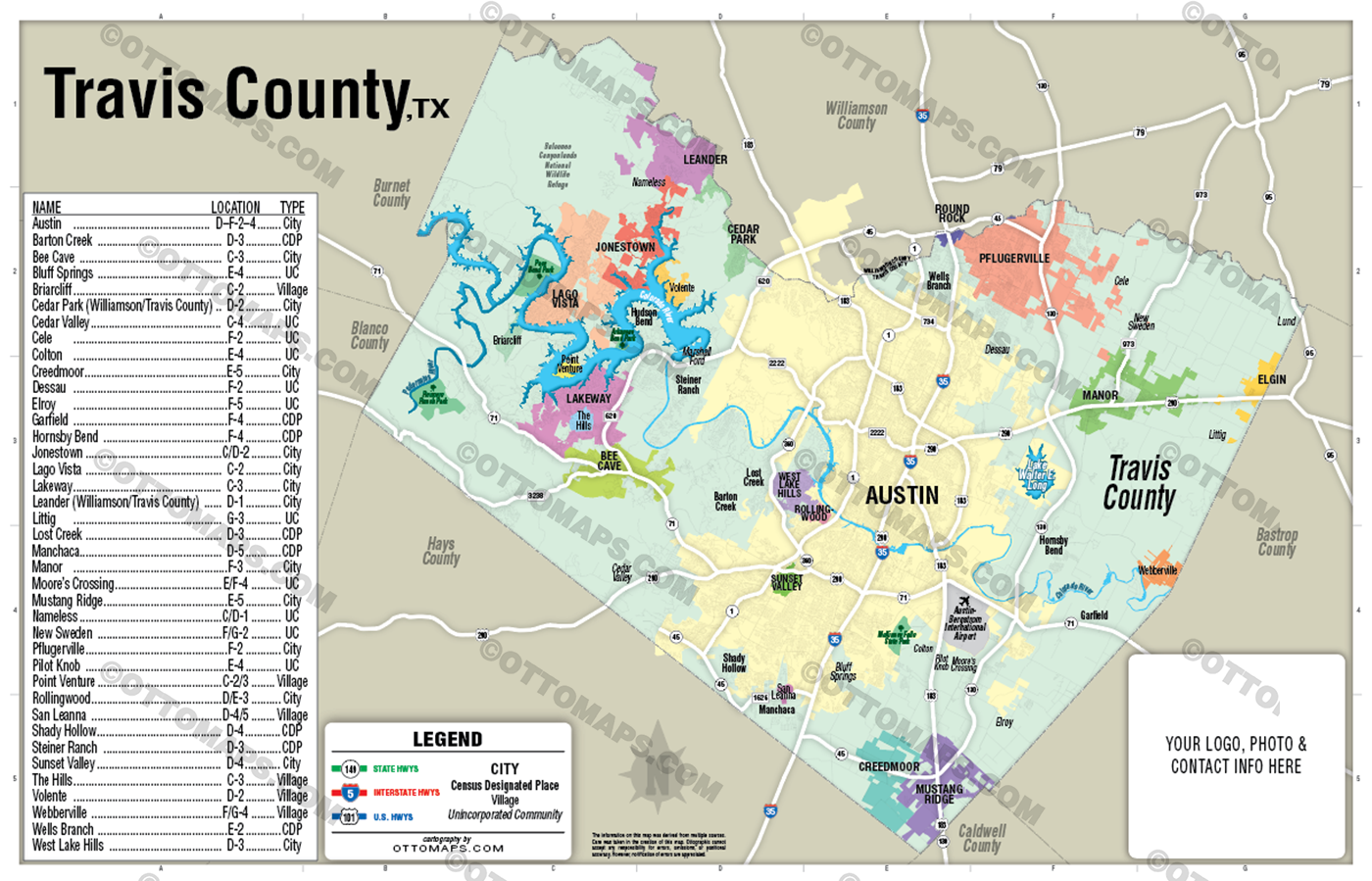 Austin, TX - Travis County Map (no zip codes) - FILES - PDF and Adobe Illustrator - with box