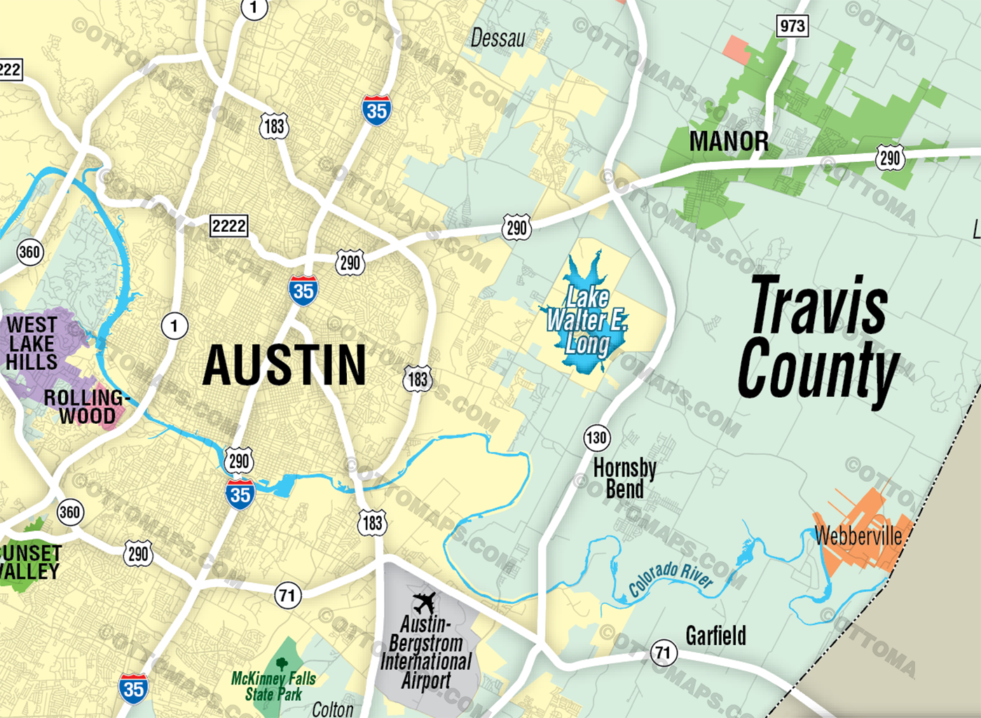 Austin, TX - Travis County Map (no zip codes) - FILES - PDF and Adobe Illustrator - zoom