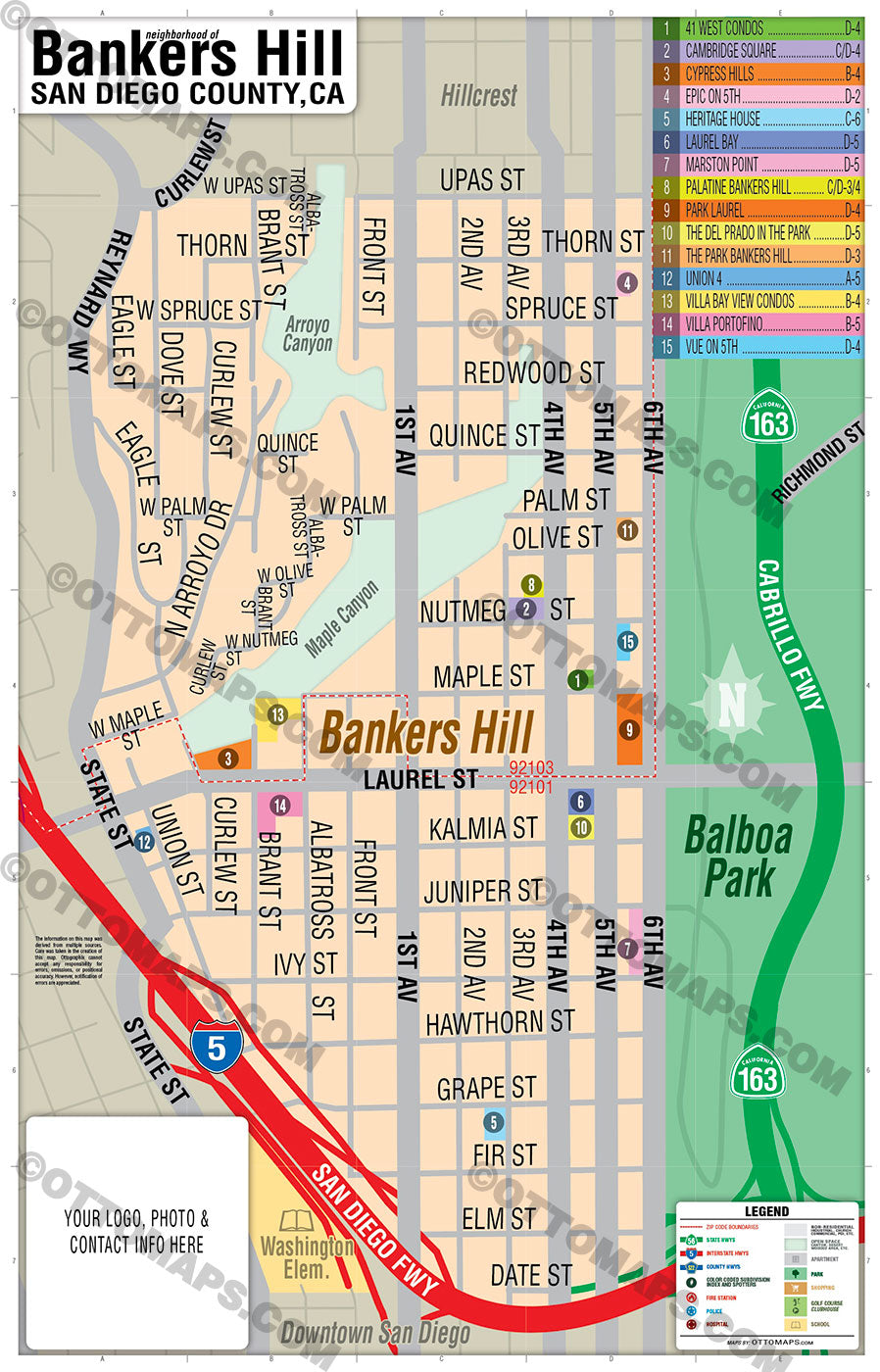 Bankers Hill Map, San Diego, CA - FILES - PDF and AI Files, editable, vector, royalty free