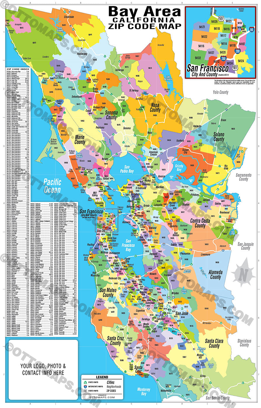 Bay Area Zip Code Map (Zip Codes colorized) - FILES - PDF and AI Files, editable, vector, royalty free