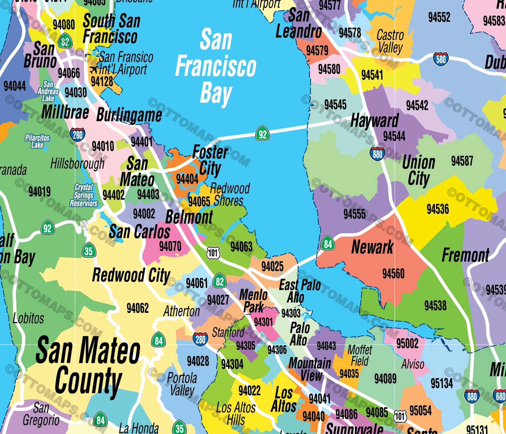 Bay Area Zip Code Map (Zip Codes colorized) - FILES - PDF and AI Files, editable, vector, royalty free