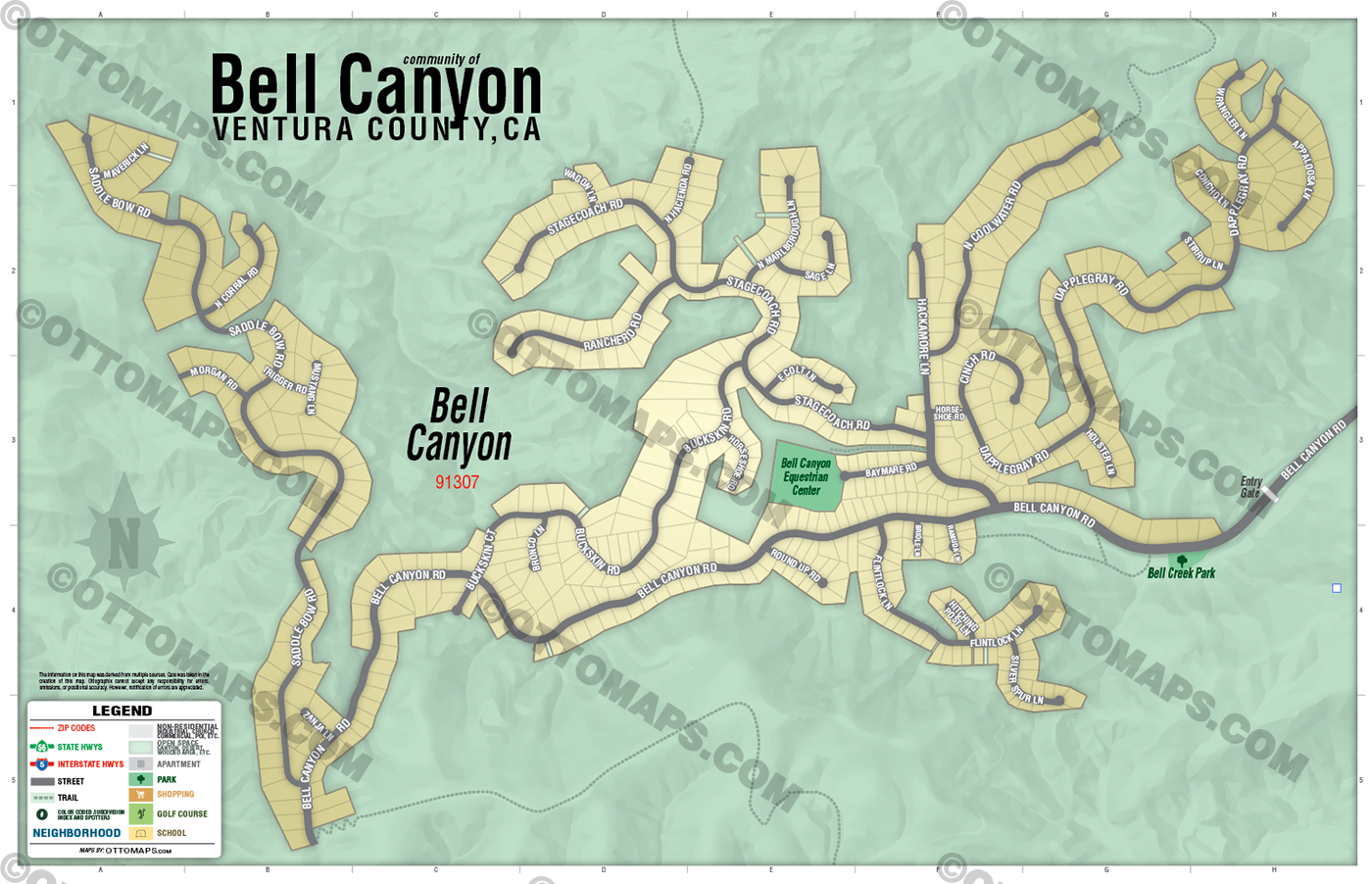 Bell Canyon Map FILE, Ventura County, CA - PRINTS AND FILES, editable, vector, royalty free